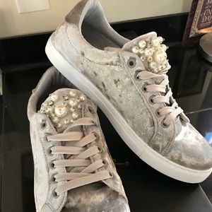 Grey Velvet Sneakers. White pearls on tongue